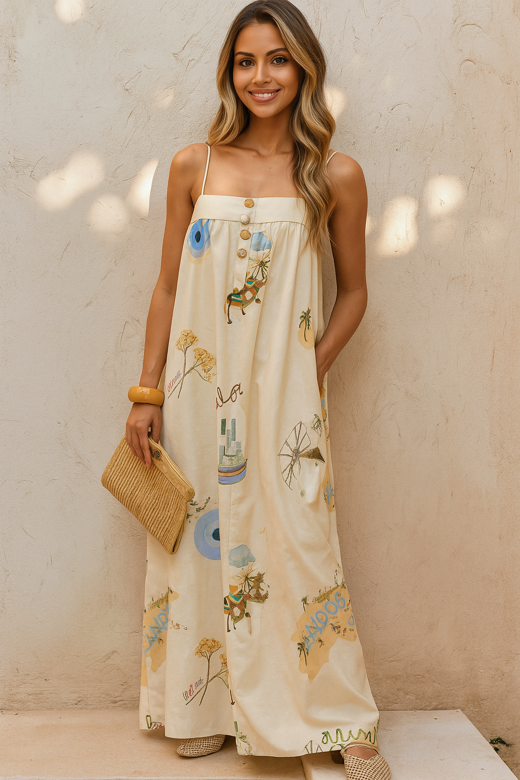 Bohemian Print Cami Maxi Dress with Pockets