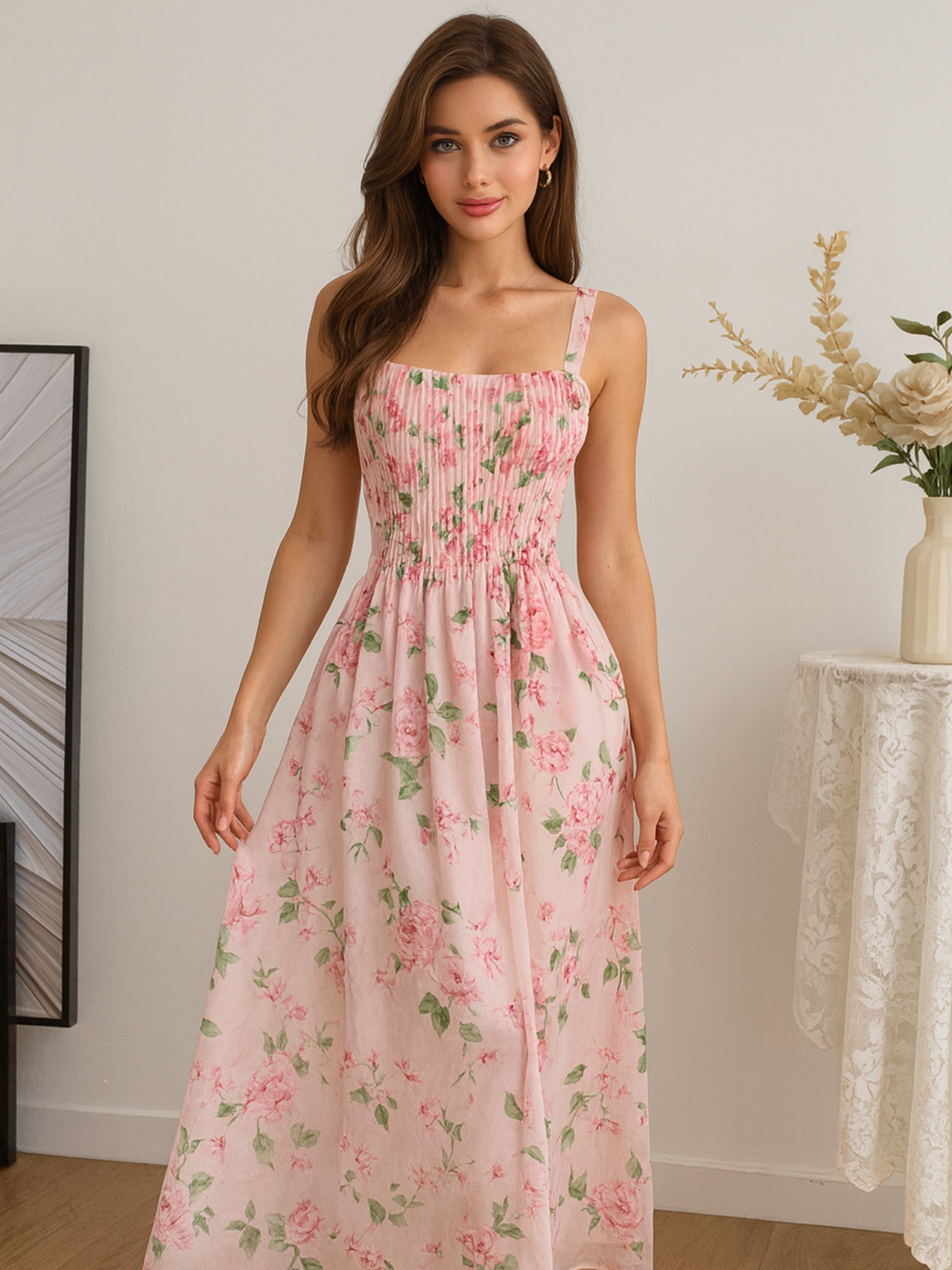 Floral Print Pleated Maxi Dress