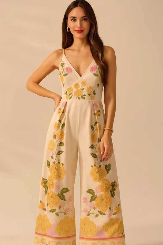 Floral Print Wide-Leg V-Neck Cami Jumpsuit