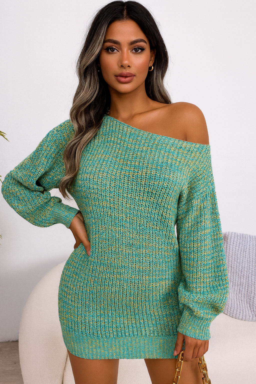 Multi-Color One-Shoulder Sweater Dress