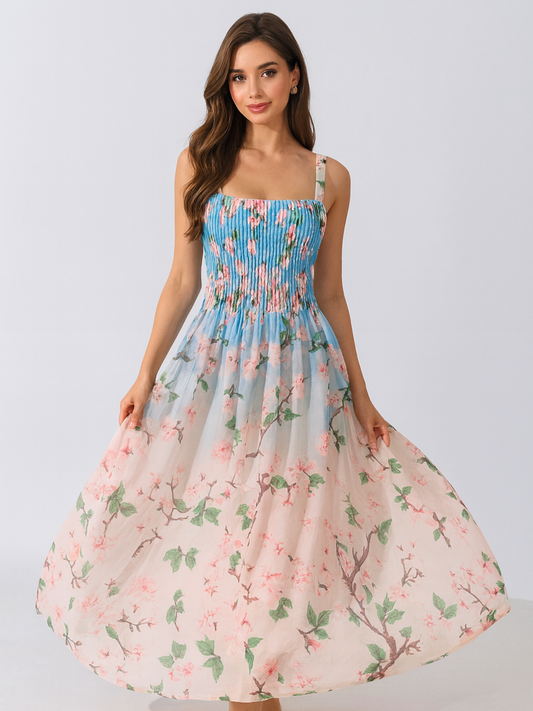 Floral Print Pleated Maxi Dress