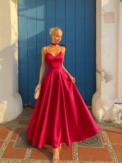 Woman in a red dress standing in front of a blue wall.