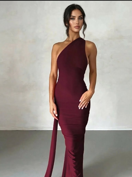 Backless One-Shoulder Ruched Bodycon Maxi Dress