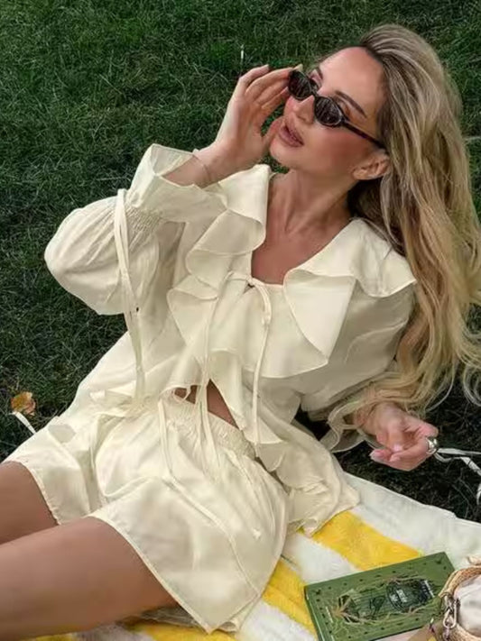 Ruffled V-Neck Top and Shorts Set