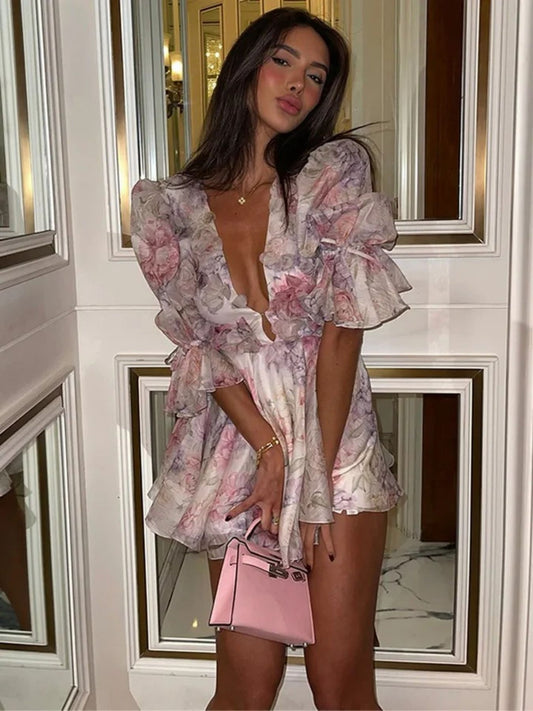 Floral Print Ruffled Mini Dress with Deep V-Neck