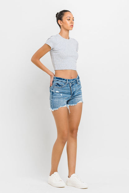 Lovervet Stepped Waist Raw Hem Denim Shorts