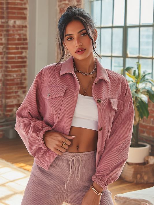 Woman wearing a pink corduroy outfit in a room with large windows and plants.