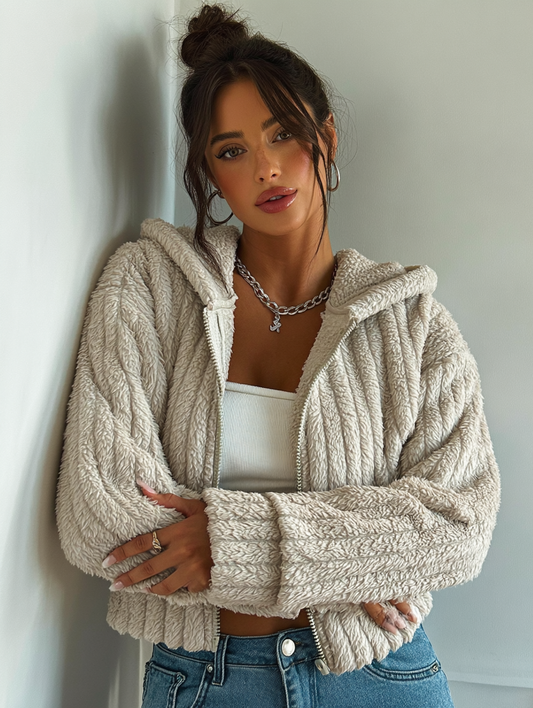 Zip Up Long Sleeve Fuzzy Hooded Jacket